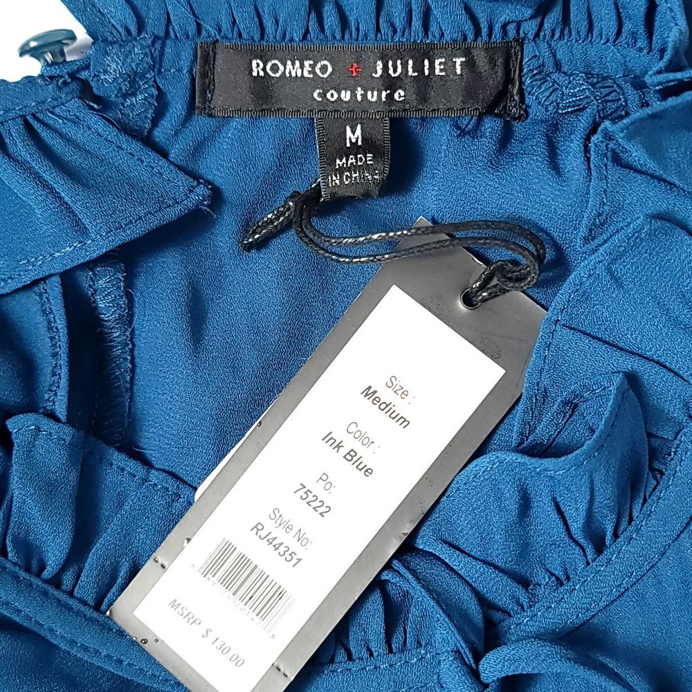 Romeo + Juliet Couture Cold‎ Shoulder Blouse Womens Ink Blue Ruffle Peplum M - Picture 7 of 9